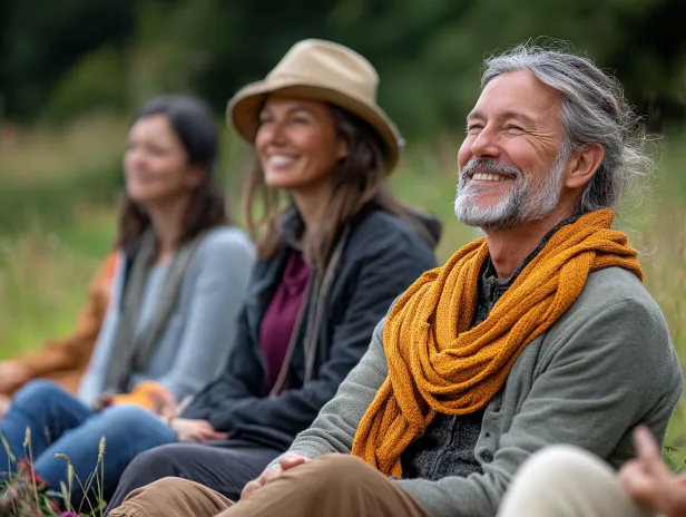Resilienz-Training für Gestresste einige Teilnehmer eines Resilienz-Trainings sitzen entspannt in der Natur und lachen zusammen