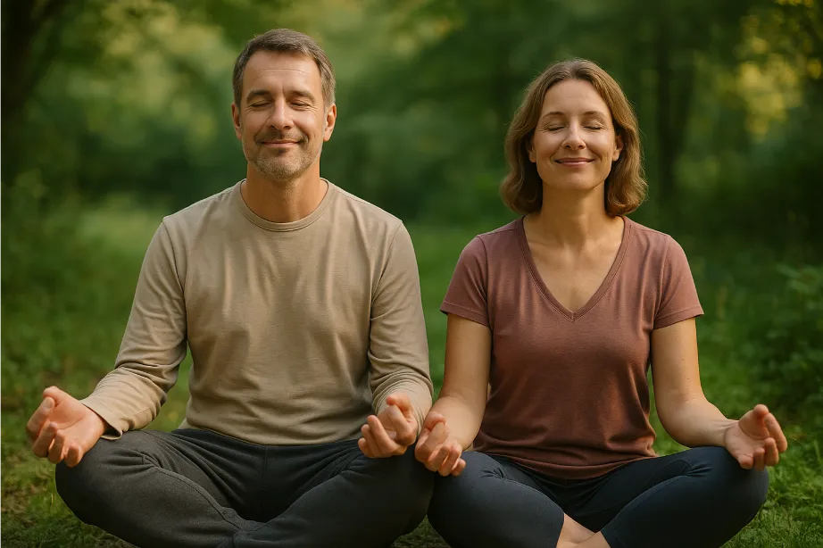 Yoga Retreats in NRW - Erholsame Auszeiten zum Entspannen und Stress abbauen Ein Paar entspannt beim Meditieren in einem Yoga Retreat in NRW