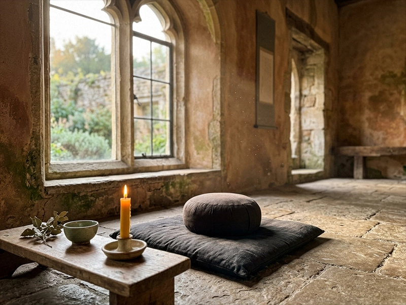 Meditationskissen im Klostergang bei Morgenlicht — Schweige-Retreat Erfahrung im Kloster Steinfeld