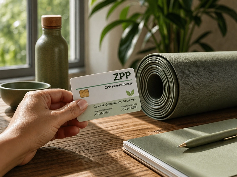 Yogamatte und Krankenkassenkarte auf Holztisch — Bildungsurlaub Krankenkasse Zuschuss anschaulich dargestellt