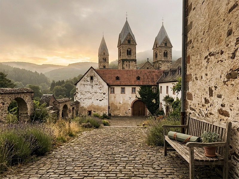 Kloster Steinfeld in der Eifel im Morgenlicht – drei romanische Türme und ein Yoga-Platz im Innenhof