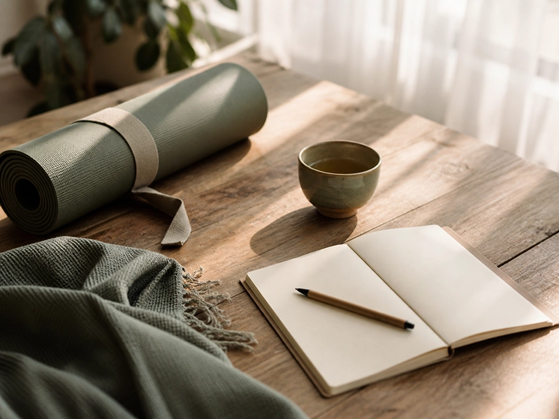 Yogamatte und kleines Notizbuch mit Stift auf einem Holztisch — Symbol für die Planung der Yoga Wochenende Kosten