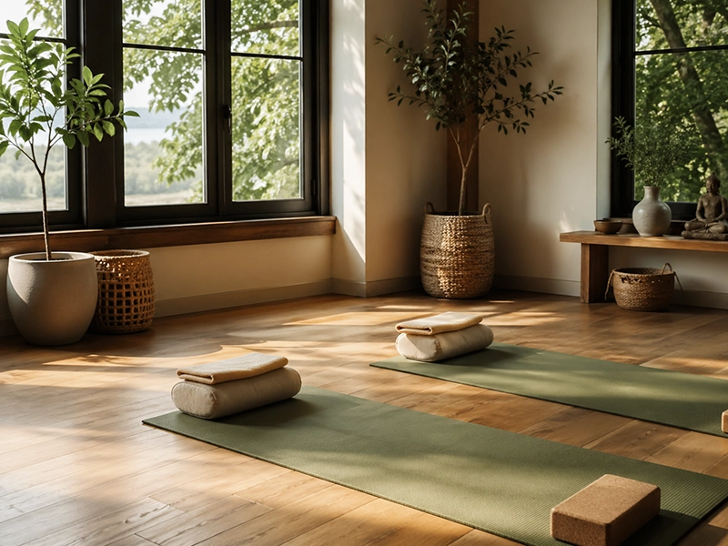 Zwei Yoga-Matten bei Morgenlicht — Symbol für die Wahl zwischen Yoga Wochenende und Retreat