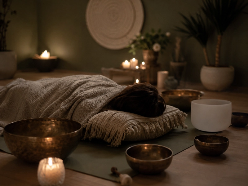 Person entspannt eingehüllt beim Soundbath, Klangschalen ringsum – persönlicher Erfahrungsbericht Klangschalen-Yoga Retreat